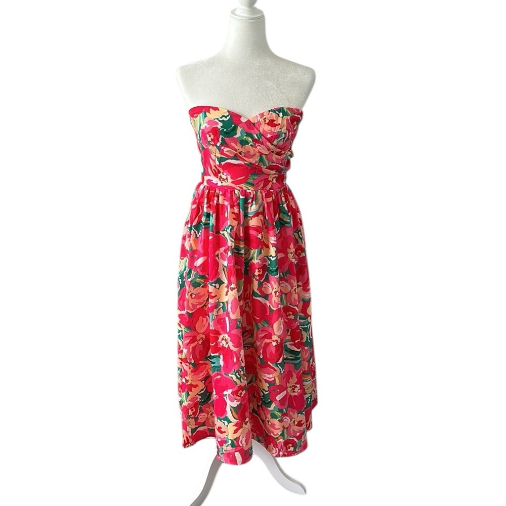 Flying Tomato Pink Multicolor floral strapless midi summer dress vacay size S